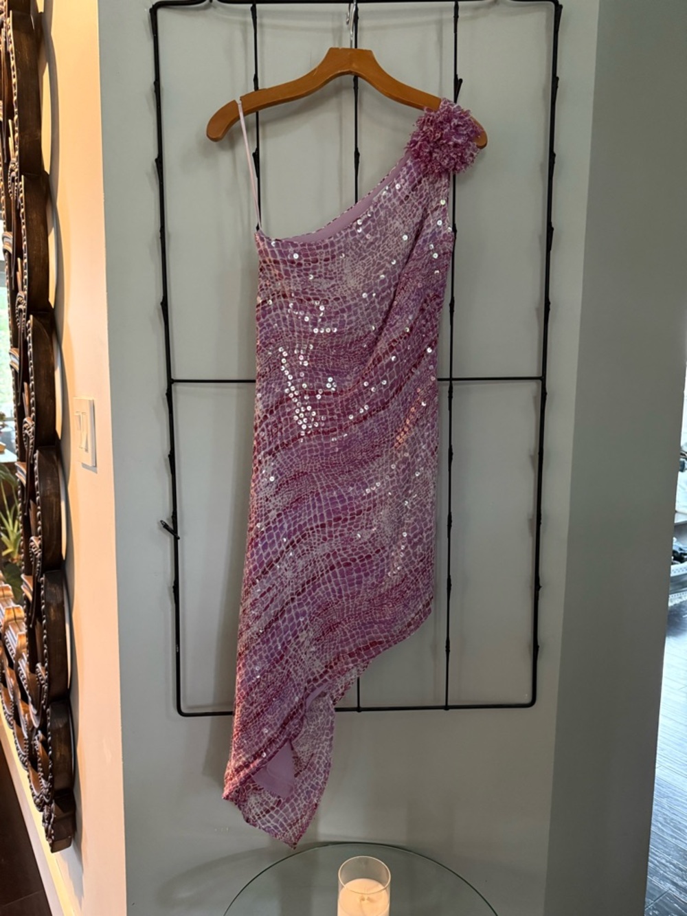 Kay Unger Purple Sequin Patterned Off the Shoulder Petite Dress
